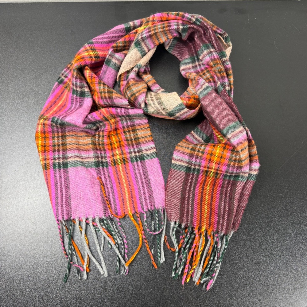 Cejon Scarf Women's One Size Multicolor Plaid 100% Acrylic Fringe Trim Italy